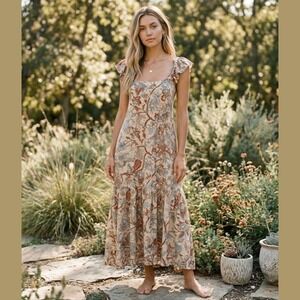 House of Harlow 1960 Womens XL Maxi Dress Paisley Ruffle Sleeve Boho Summer Chic
